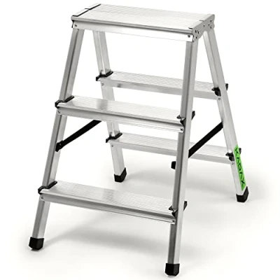 Image of KADAX Folding Ladder, Aluminium Double Sided Step Ladder up to 125 kg, Portable with Non Slip Steps, Lightweight and Sturdy (Silver, 3 Steps)