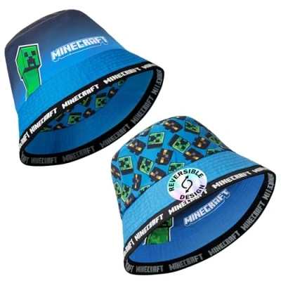 Image of Minecraft Boys Bucket Hat, Sun Hat for Kids Beach Summer Holiday Essentials Gifts Gamers (Blue Reversible)
