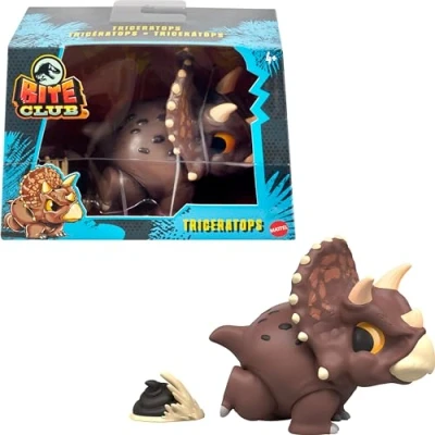 Image of Mattel ​Jurassic World Bite Club Collectible Figure, Triceratops Chubby Stylized Dinosaur Approx 4 Inch Figure with Accessory​, HVB39