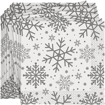 Image of Unique Party 77232 Silver and Gold Snowflakes Christmas Holiday Napkins, Pack of 16