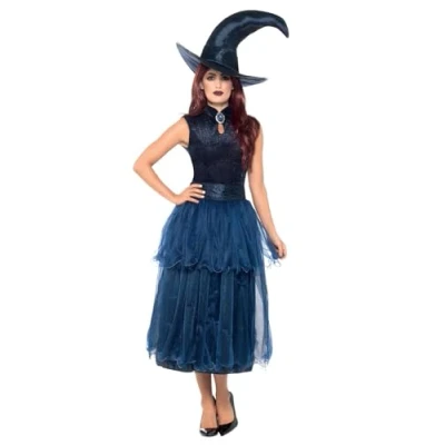 Image of Smiffys Deluxe Midnight Witch Costume, Blue with Dress, Belt, Lenticular 3D Print Brooch &amp; Hat, Halloween Adult Fancy Dress Up Costumes