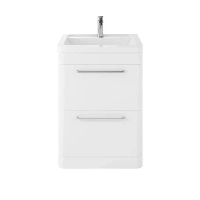 Image of Hudson Reed SOL101A Solar Modern Bathroom Floor Standing Vanity Unit Cabinet with 2 Drawers and Ceramic 40mm Profile Basin, Pure White