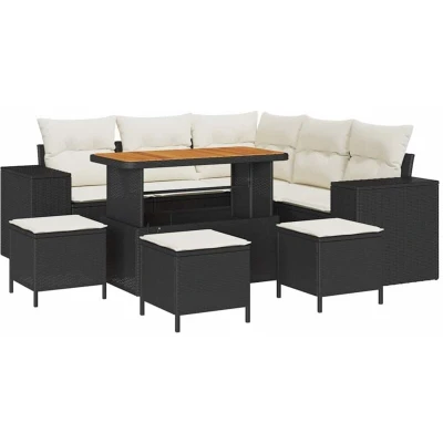 Image of vidaXL 9 Piece Garden Sofa Set with Cushions Black Poly Rattan Acacia