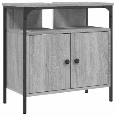 Image of vidaXL Bathroom Sink Cabinet Grey Sonoma, Engineered Wood, Powder Coated Steel, 60x30x60 cm Modern Under Storage Solution