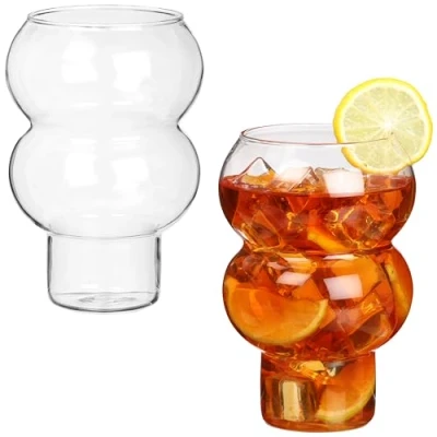 Image of BELLE VOUS Vintage Drinking Glasses Ribbed Glassware Set (2 Pack) 500ml/17oz Bubble Design Ripple Shaped Cocktail for Water, Juice &amp; Iced Coffee/Tea Clear Cups