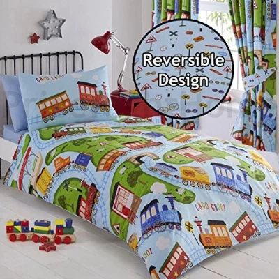 Image of Kids Club Trains Bed Duvet Cover and Pillowcase Set, Polyester Cotton, Blue