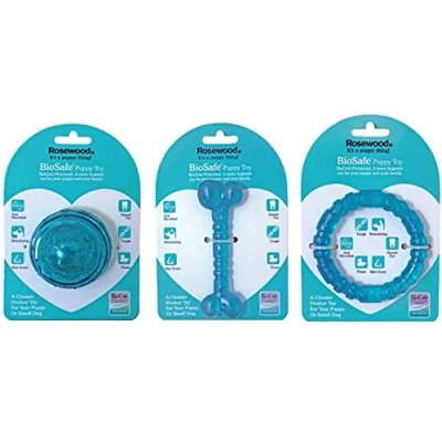 Image of Rosewood 3 PACK BLUE DOG PUPPY BIOSAFE MINT SCENTED TEETHING DENTAL CHEW TOYS