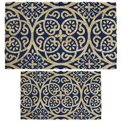 Image of Prime Homewares Blue Damask Coir Doormat Heavy Duty, Non Slip Backing 100% PVC Back Entrance Mat Design (40 x 60cm)