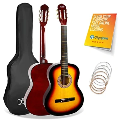 Image of 3rd Avenue Full Size 4/4 Classical Guitar Spanish Nylon String Beginner Pack Bundle 6 Months FREE Lessons, Bag, Strings Sunburst