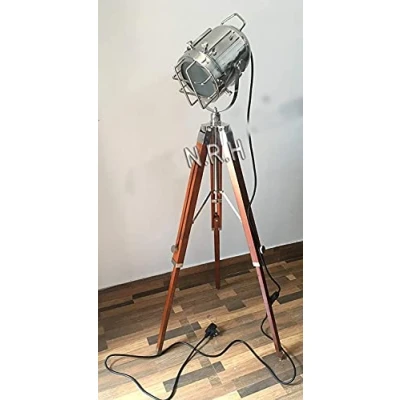 Image of Handmade Nautical Chrome Spot Light Floor Lamp with Wooden Tripod Marine Studio Searchlight Home Decorative