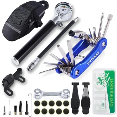 Image of COZYROOMY Bike Tyre Repair kit tool with 210 Psi Mini Pump 10 in 1 multi tool（With chain breaker）, 3 Levers &amp;Tire patch, saddle bag. 6 month warranty