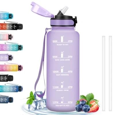 Image of Drinking Bottle, 1.5 Litres, Water Bottle with Straw, Gym Motivational Slogan, Easy to Clean, for Camping, Outdoor, Hiking, Running, Purple