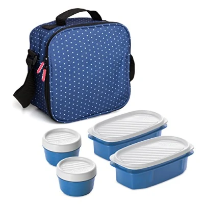 Image of Tatay Urban Food Casual Insulated Lunch Bag, 3L Capacity, 4 Plastic Storage Containers (2 x 0.5 L, 2 0.2 L) BPA Free, Blue with Dots. Measure 22.5 10 22 cm