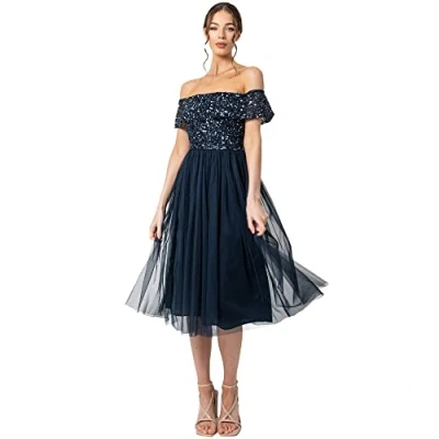 Image of Maya Deluxe Women&#039;s Ladies Bardot Dresses Midi High Empire Waist Sequins Embellished Formal Evening for Wedding Guest Bridesmaid, Navy, 12