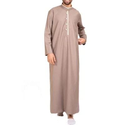 Image of Infinity Leather Men&#039;s Beige Thobe Islamic Jubba Robe Eid Stand Up Collar