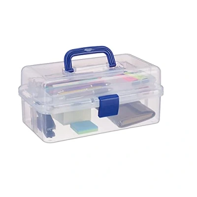 Image of Relaxdays Transparent Plastic Storage Box, 9 Compartments for Small Tools, Press Lock, HWD 14x33x19 cm, Blue