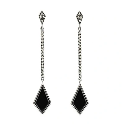 Image of Esse Marcasite Sterling Silver Art Deco Black Onyx Long Kite Drop Earrings