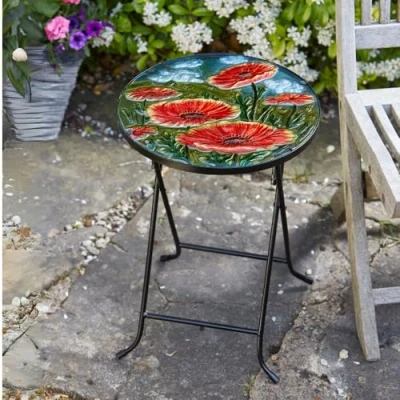 Image of Marco Paul Poppy Small Round Coffee table for Garden Decorations Outdoors Folding side with Glass decoration top, Patio, Balcony, bistro (Poppy)