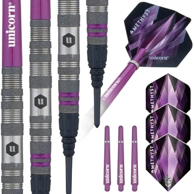 Image of Unicorn Darts Set Amethyst 2 80% Natural Tungsten Gripper Finish Barrels with Purple Accents &amp; Laser Etched U Logo Hallmark Soft Tip Epic Points 18 g