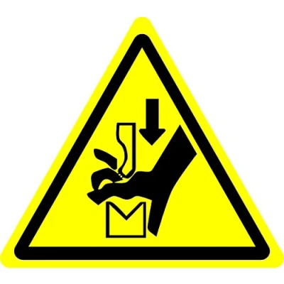 Image of ISO Safety Label Sign International Warning Hand crushing between press brake tool Symbol Self adhesive sticker 100mm Diameter