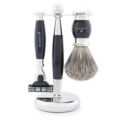 Image of Jag Shaving Set 3 Piece with Brush Razor Blades Safety Super Badger Hair Stand Black as Gift