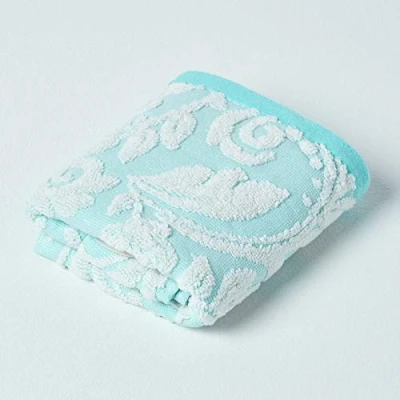 Image of HOMESCAPES Luxury Turquoise Guest Towel 100% Turkish Cotton Patterned Small Super Soft &amp; Absorbent Extra Thick 600GSM Ringspun Aqua For Bathroom with Damask Pattern