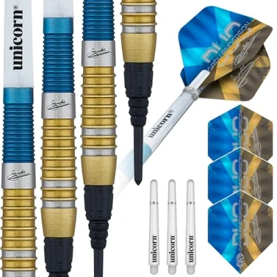 Image of Unicorn Professional Darts Set Gary &#039;The Flying Scotsman&#039; Anderson Duo 80% Tungsten Barrels with Two Tone Blue &amp; Golden Titanium Coatings Soft Tip Epic Points 18 g