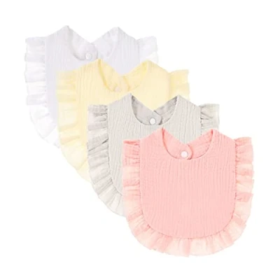 Image of 4 PACK Solid Muslin Baby Drool Bibs Set for Unisex Boys Girls Cotton Adjustable Teething Feeding Drooling (White Set)
