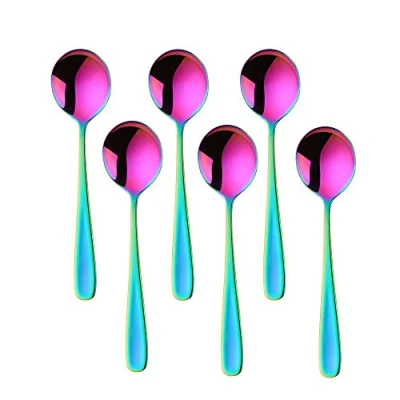 Image of BISDARUN Round Soup Spoons Set of 6 Rainbow Dinner 18/10 Stainless Steel Iridescent Table 17.5 cm Length, 4.5 Width