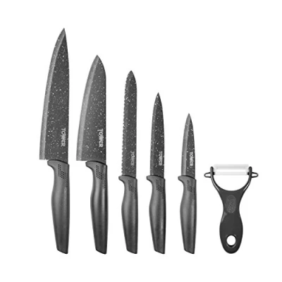 Image of Tower T81522G Kitchen Knife Set, Stone Coated with Non Stick Stainless Steel Blades, Grey, 6 Piece Set