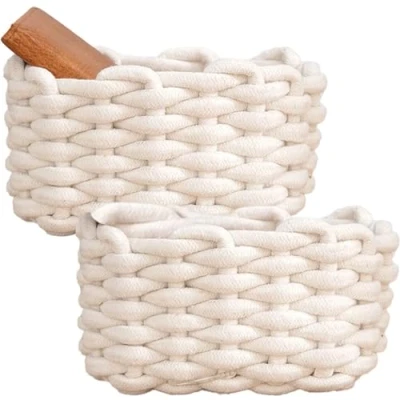 Image of Luxylei Woven Storage Baskets 2pcs Small Cotton Rope Organizer, White Braided Multipurpose Organiser Box for Cupboard Drawer Closet Shelf Dresser