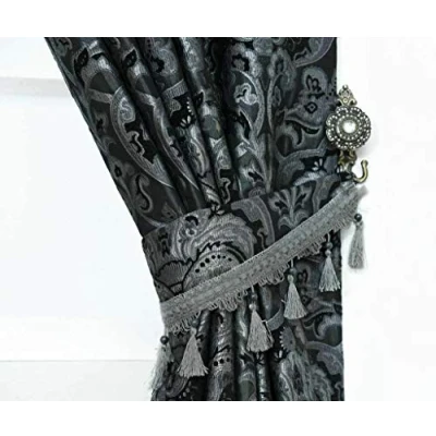 Image of Curtain Pair Tieback Heavy Jacquard Pencil Pleat Pelmet (Grey, Tiebacks)