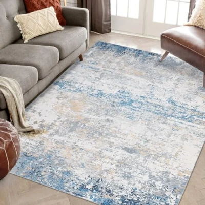 Image of LuxFocus Washable Rug 120 x 170 cm Abstract Machine Rugs for Living Room Non Slip Water Resistant Modern Carpet Bedroom Dining Office Kitchen Grey Blue