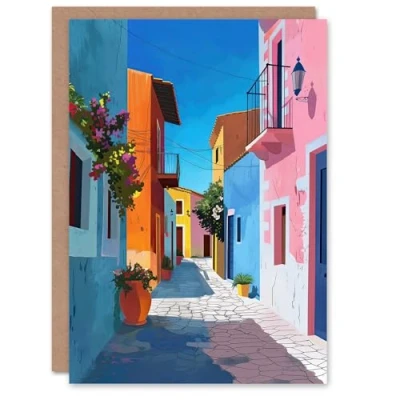 Image of Artery8 Greeting Card Colourful Houses Italian Village Street Painting Blank For Him Or Her Art Birthday