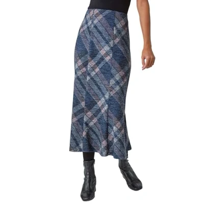 Image of Roman Originals Women Fluted Skirt for UK Ladies Midi Maxi Long Full Length Tulip Shape Flared Darted Pleated Hem Check Print Winter Autumn Work Office Smart Casual Navy Pink Size 20