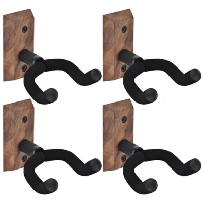 Image of Guitar Wall Mount 4 Pack, Hangers with Adjustable Soft Hook for All Size Guitars, Hardwood U Shaped Holder Acoustic, Electric Guitar, Bass, Easy to Install, Black Walnut