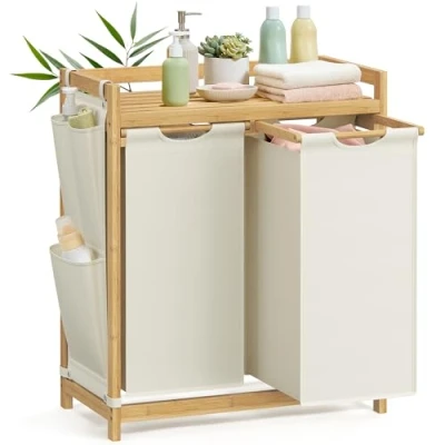 Image of SONGMICS Laundry Basket with 2 Compartments, Hamper, Holds up to 100 L, Sorter, Shelf, Bag, Side Pockets, x 50 63 33 78 cm, Cream White RLH100W01