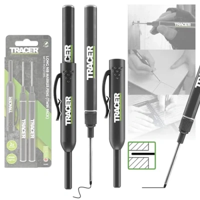 Image of Tracer Long Nib Marker Pens, Pens for Deep Hole Marking with Holster and Built in Trouser/Shirt Clip. Pack of 2