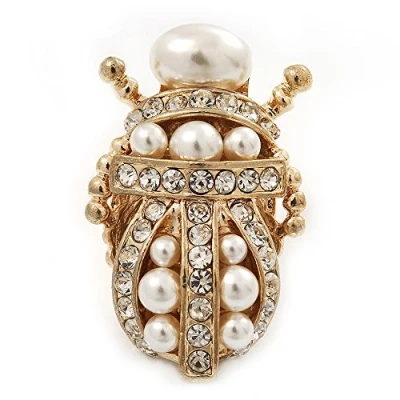 Image of Avalaya Clear Crystal/Simulated Pearl Egyptian &#039;Scarab&#039; Beetle Brooch in Gold Plating 4.5cm Length
