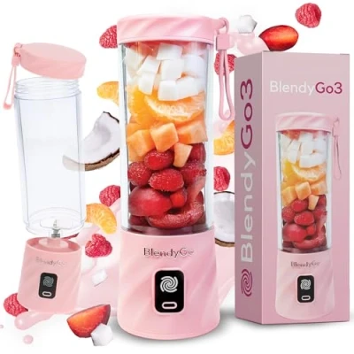 Image of BlendyGo 3 Portable Blender, Smoothie Maker, Small Powerful Cordless Mini USB Maker to Go, Stand BPA Free, PulseMotion &amp; BlendPro Technology, 550 ml (Rose)