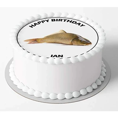 Image of Fishing carp Circle Cake Edible Icing or Wafer Topper 7.5 inch Personalised (Icing)