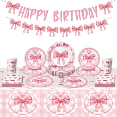 Image of Pink Bow Birthday Party Tableware Set, Girls Princess Kids Baby Shower Ballet Theme Supplies Decoration with Happy Banner Paper Plates Cups Napkins Tablecloths For 10 Guests