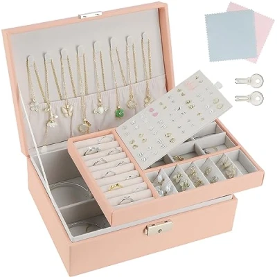 Image of TEIVUL Jewellery Box,2 Layer PU Leather Jewelry Box Organiser with 2 Keys and Cleaning Cloth,Suitable for Rings Earrings Necklaces Bracelets Accessories, Gifts Women Girls（Pink）