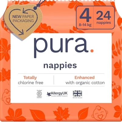 Image of Pura Eco Baby Nappies Size 4 (8 14kg / 18 31 lbs), 1 Pack (24 Nappies), Ultra Soft for Sensitive Skin, Organic Cotton, Up to 12hrs Leak Protection, New Guide