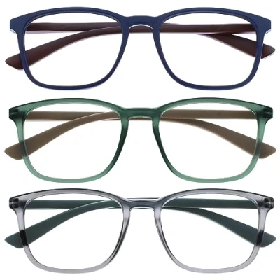 Image of OPULIZE Max Reading Glasses 3 Pack Classic Large Rectangular Frame Matt Blue Green Grey Men&#039;s Women&#039;s Unisex Spring Hinges RRR78 367 +2.00