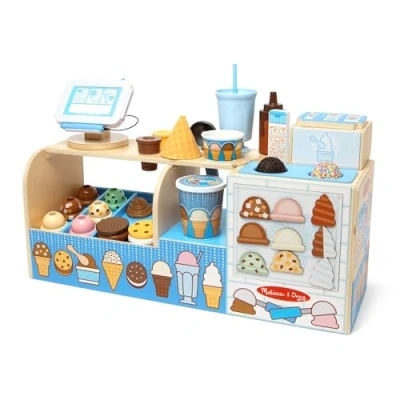 Image of Melissa &amp; Doug Wooden Cool Scoops Ice Creamery play food Toy, toy kitchen, cream for girls and boys, Pretend montessori 3 year old, Gift old boy or girl