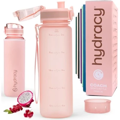 Image of Hydracy Water Bottle with Time Marker 500 ml 17 Oz BPA Free Leak Proof &amp; No Sweat Gym Fruit Infuser Strainer Ideal for Fitness or Sports Outdoors Rose Gold