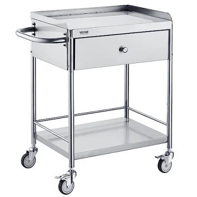 Image of VEVOR Medical Cart, 2 Layers Stainless Steel Cart 220 lbs Weight Capacity, Lab Utility with 360 Silent Wheels and a Drawer for Lab, Clinic, Kitchen, Salon