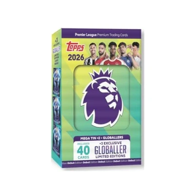Image of Topps Premier League 2026 Debut Edition Mega Tin (Globallers). Contains 40 cards plus 3 Globallers LE cards.