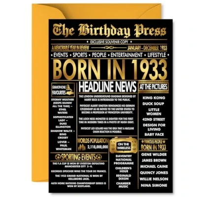 Image of Gold 92nd Birthday Card for Men Women Black &amp; Golden Newspaper Born in 1933 Happy 92 Cards Grandad Wife Auntie Nanny Uncle Grandma, 5x7 Inch Bday Greeting